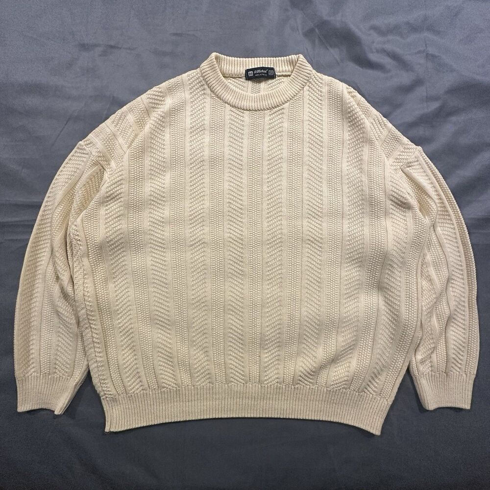 Vintage 80s St Michael Cable Knit Sweater Mens 46 Yellow Made in UK Herringbone